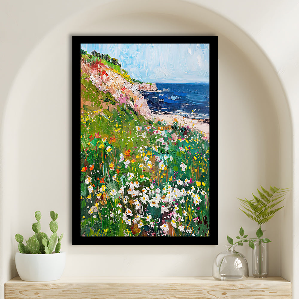 Wildflowers by the Sea Art Print Vintage Oil Painting, Framed Art Print Wall Decor, Picture Framed