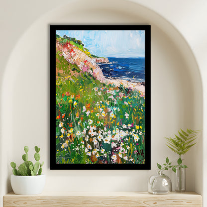 Wildflowers by the Sea Art Print Vintage Oil Painting, Framed Art Print Wall Decor, Picture Framed