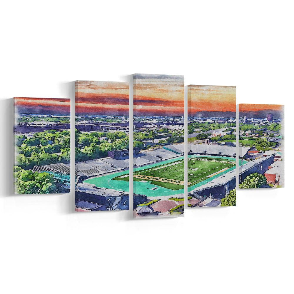 William Dick Price Painting Stadium Watercolor, Norfolk Virginia, Sport Art, Mixed 5 Panel, Canvas Print Wall Art