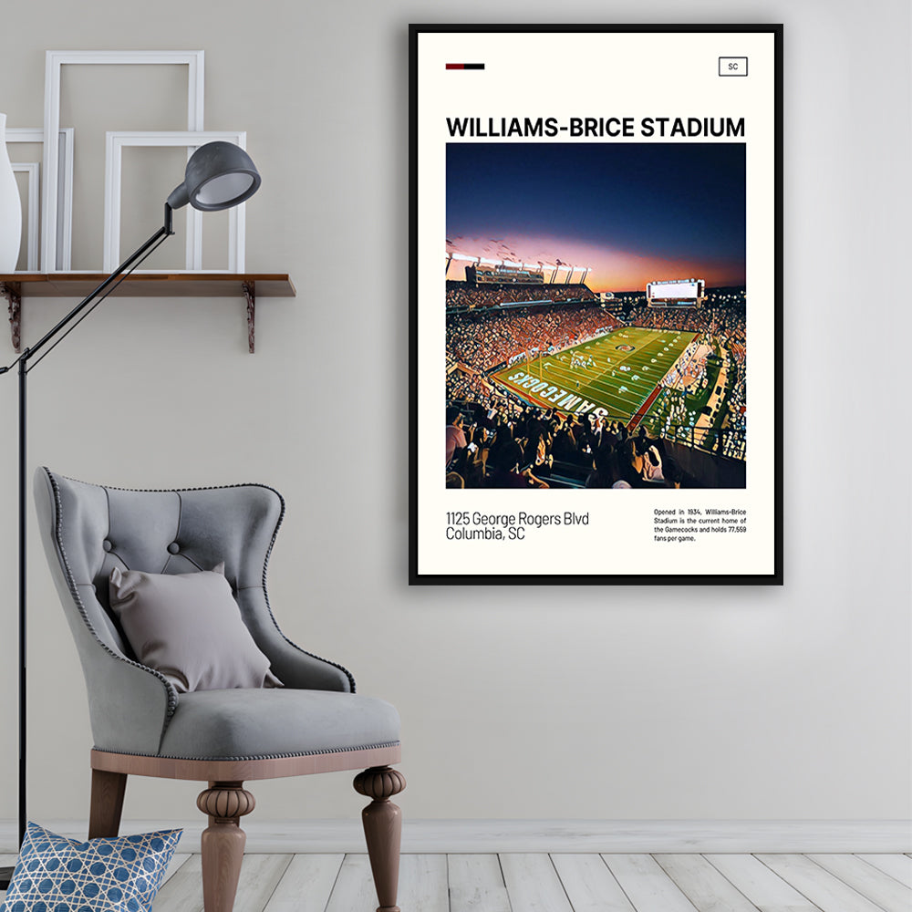 Williams-Brice Stadium Print, South Carolina Football Stadium Art, Man Cave Gift, Floating Framed Canvas Print Wall Art