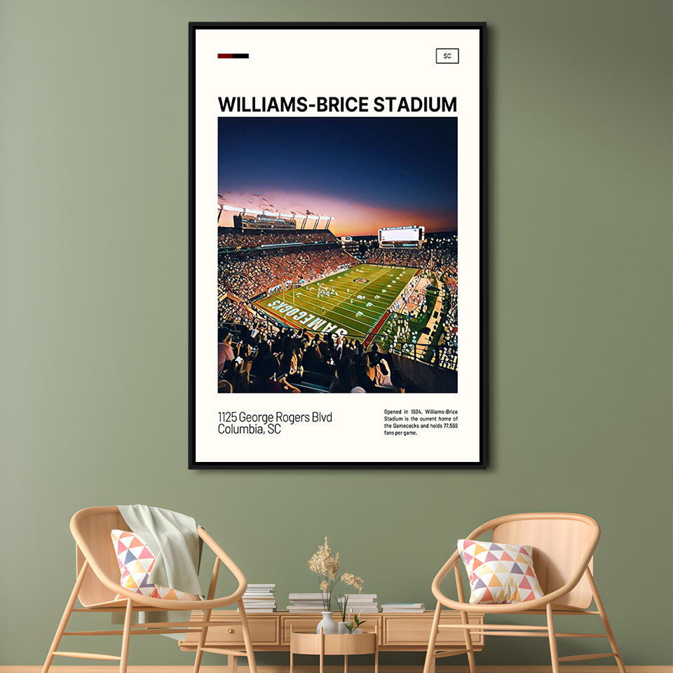 Williams-Brice Stadium Print, South Carolina Football Stadium Art, Man Cave Gift, Floating Framed Canvas Print Wall Art