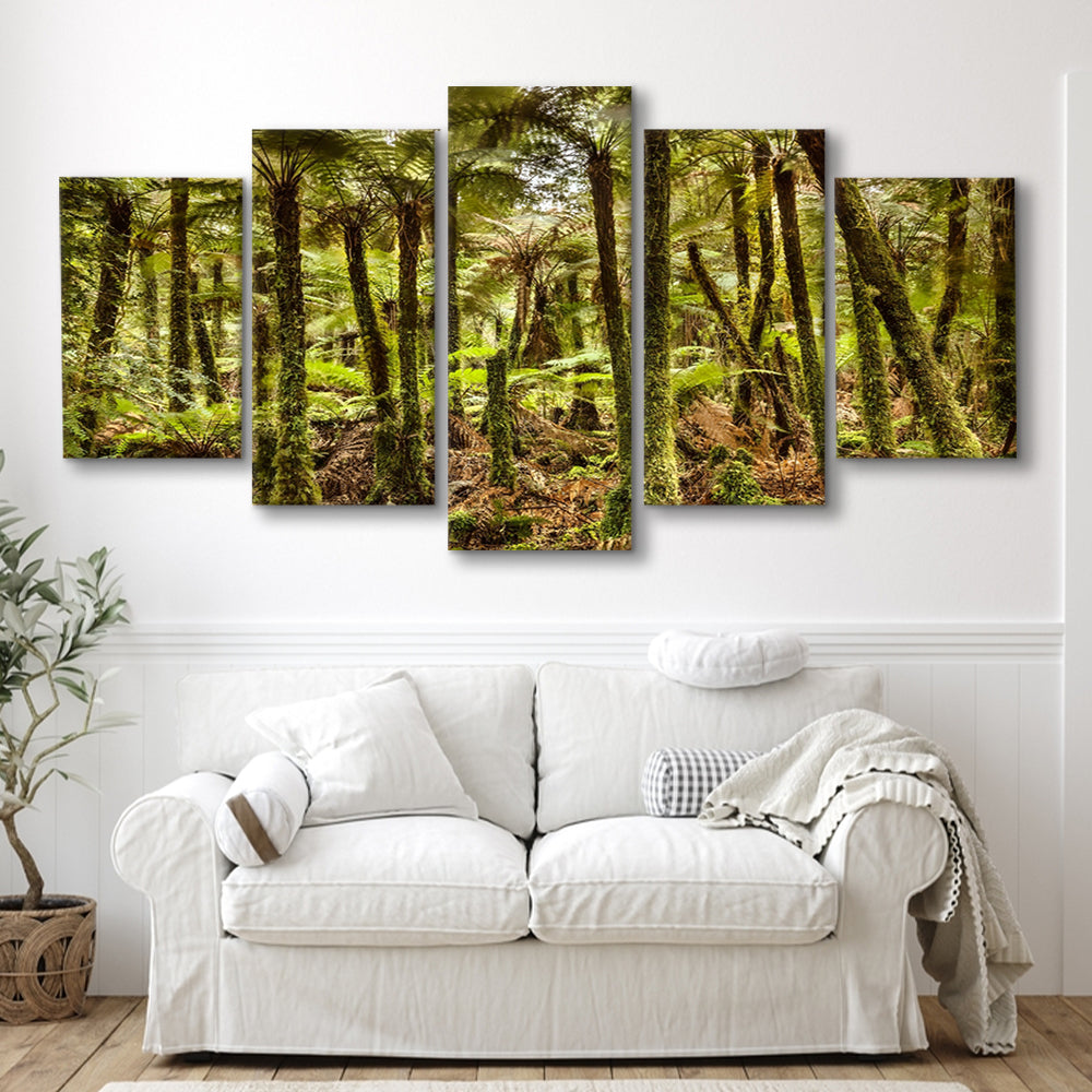 Wind and rain in a forest of giant Katote Ferns near Monroe Beach, New Zealand, 5 Piece Large Cavas Print Wall Art