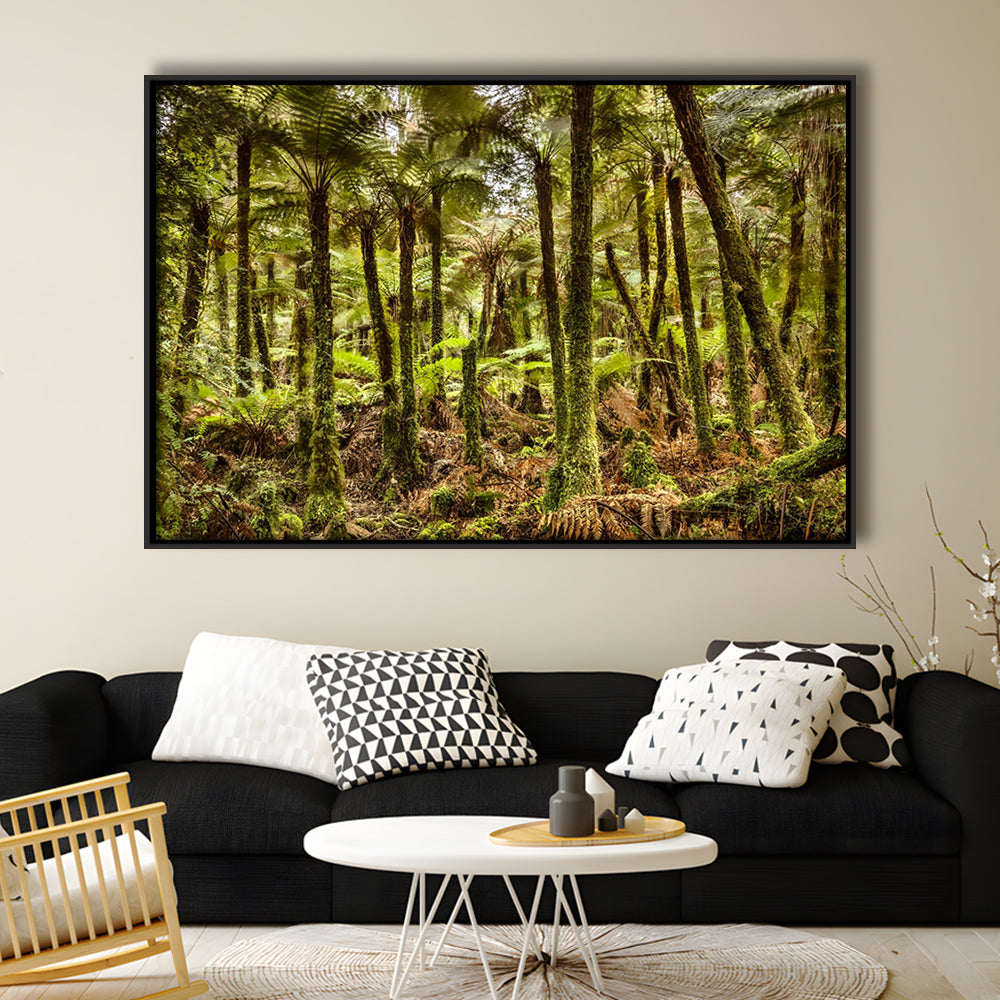 Wind And Rain In A Forest Of Giant Katote Ferns Near Monroe Beach, New Zealand, Framed Cavas Print, Floating Frame