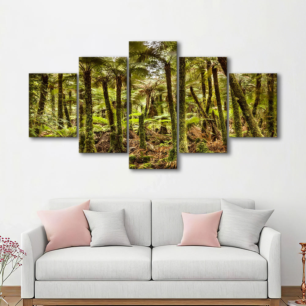 Wind and rain in a forest of giant Katote Ferns near Monroe Beach, New Zealand, 5 Piece Large Cavas Print Wall Art