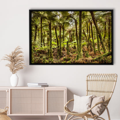 Wind And Rain In A Forest Of Giant Katote Ferns Near Monroe Beach, New Zealand, Framed Cavas Print, Floating Frame