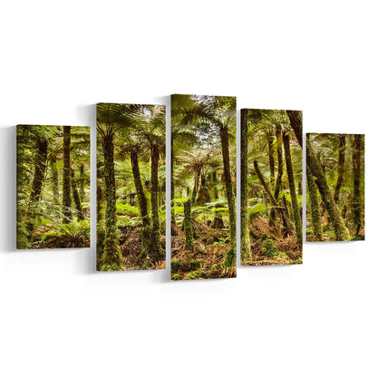 Wind and rain in a forest of giant Katote Ferns near Monroe Beach, New Zealand, 5 Piece Large Cavas Print Wall Art
