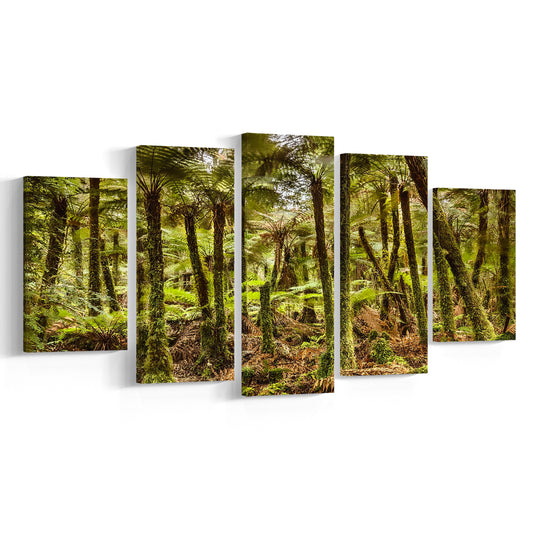 Wind and rain in a forest of giant Katote Ferns near Monroe Beach, New Zealand, 5 Piece Large Cavas Print Wall Art