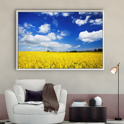 Wind Turbine In A Canola Field Against Cloudy Sky, Denmark Wall Art, Framed Cavas Print, Floating Frame