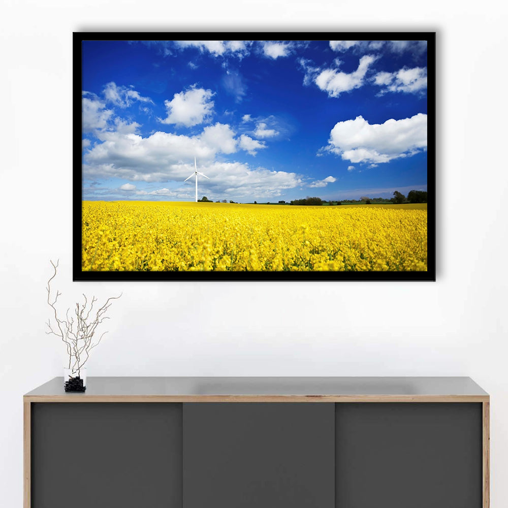 Wind Turbine In A Canola Field Against Cloudy Sky, Denmark Wall Art, Framed Art Print, Picture Framed