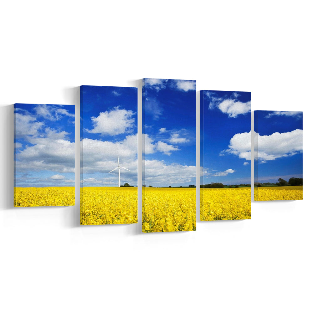 Wind turbine in a canola field against cloudy sky, Denmark Wall Art, 5 Piece Large Cavas Print Wall Art