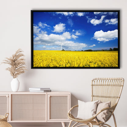 Wind Turbine In A Canola Field Against Cloudy Sky, Denmark Wall Art, Framed Cavas Print, Floating Frame