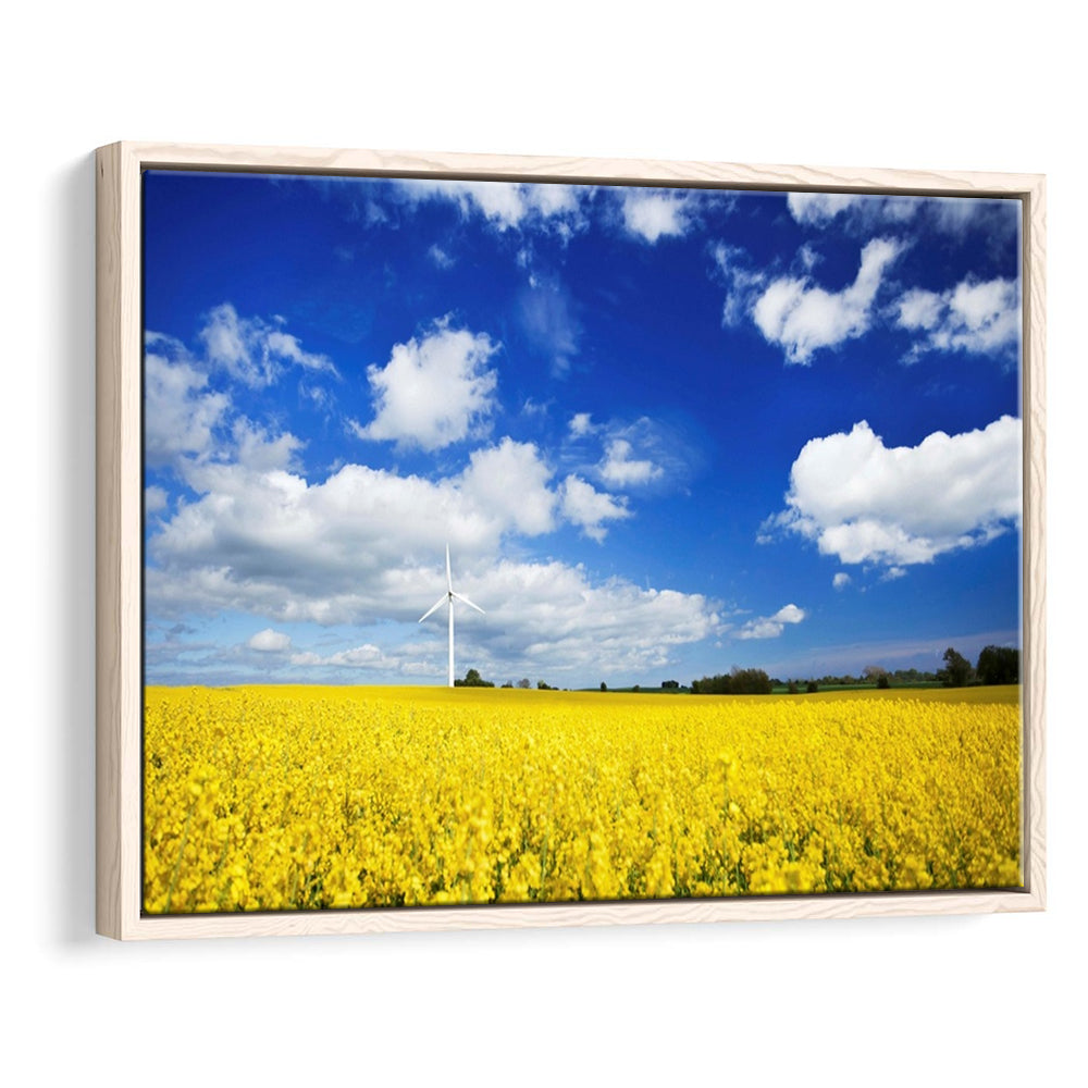 Wind Turbine In A Canola Field Against Cloudy Sky, Denmark Wall Art, Framed Cavas Print, Floating Frame