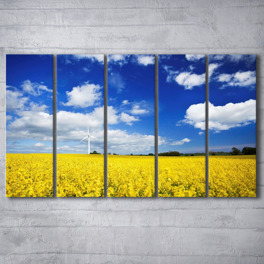Wind turbine in a canola field against cloudy sky, Denmark Wall Art, 5 Piece B Extra Large Cavas Print Wall Art Decor