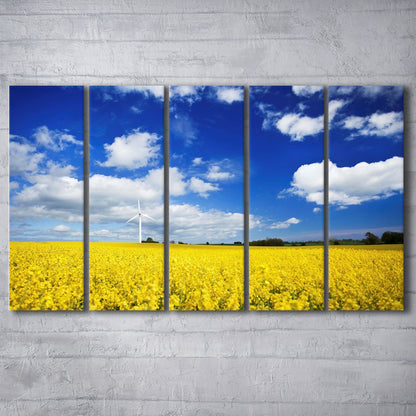Wind turbine in a canola field against cloudy sky, Denmark Wall Art, 5 Piece B Extra Large Cavas Print Wall Art Decor