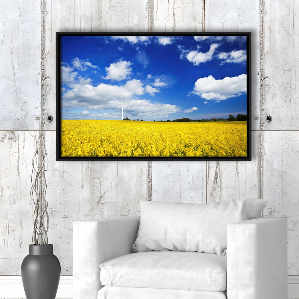 Wind Turbine In A Canola Field Against Cloudy Sky, Denmark Wall Art, Framed Cavas Print, Floating Frame