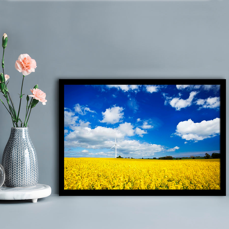 Wind Turbine In A Canola Field Against Cloudy Sky, Denmark Wall Art, Framed Art Print, Picture Framed