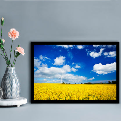 Wind Turbine In A Canola Field Against Cloudy Sky, Denmark Wall Art, Framed Art Print, Picture Framed