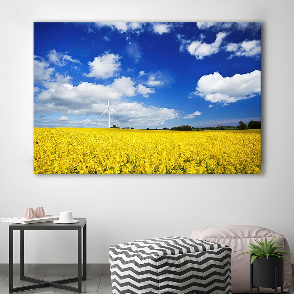 Wind turbine in a canola field against cloudy sky, Denmark Wall Art, Cavas Print Wall Art Hom Decor