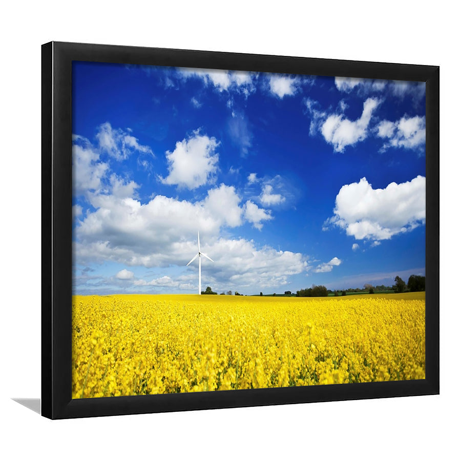Wind Turbine In A Canola Field Against Cloudy Sky, Denmark Wall Art, Framed Art Print, Picture Framed
