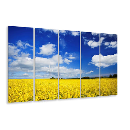 Wind turbine in a canola field against cloudy sky, Denmark Wall Art, 5 Piece B Extra Large Cavas Print Wall Art Decor