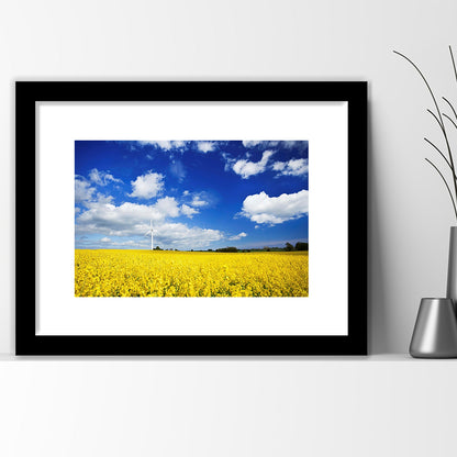 Wind Turbine In A Canola Field Against Cloudy Sky, Denmark Wall Art, Framed Art Print White Border