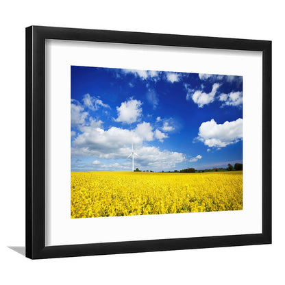 Wind Turbine In A Canola Field Against Cloudy Sky, Denmark Wall Art, Framed Art Print White Border