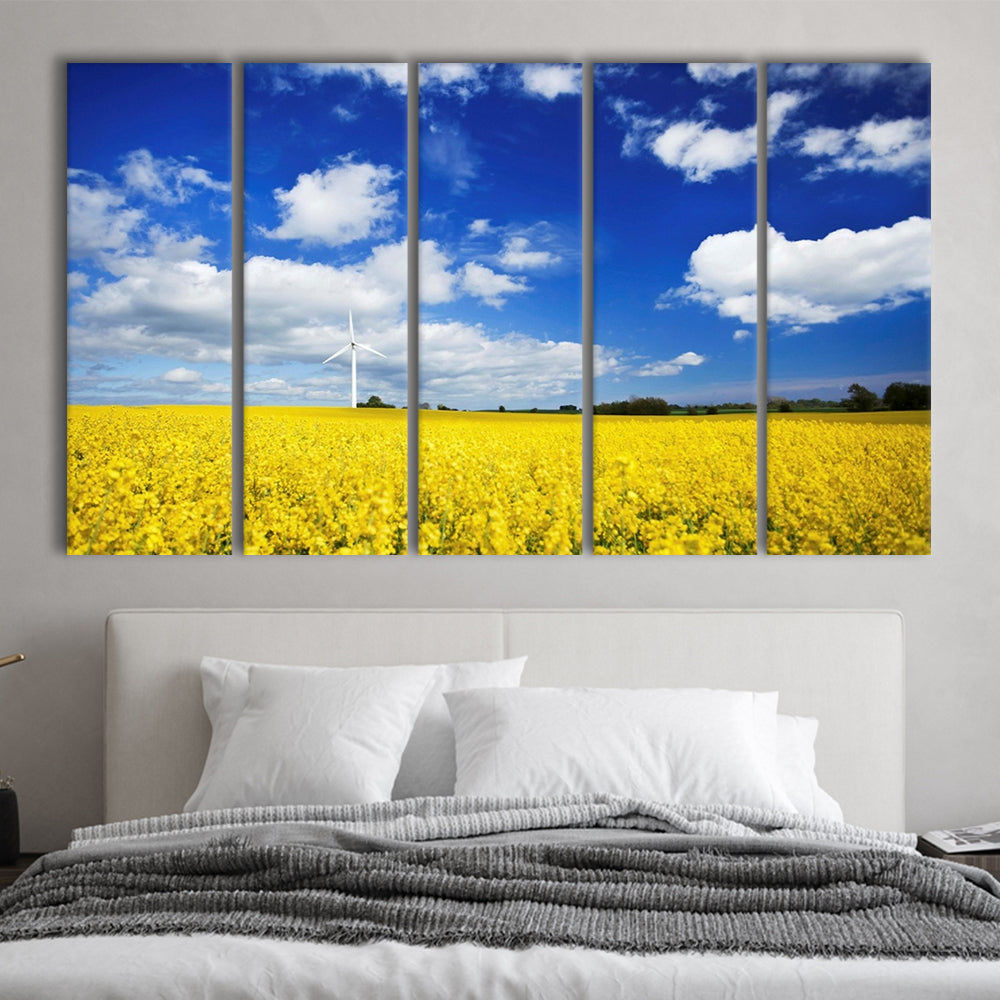 Wind turbine in a canola field against cloudy sky, Denmark Wall Art, 5 Piece B Extra Large Cavas Print Wall Art Decor