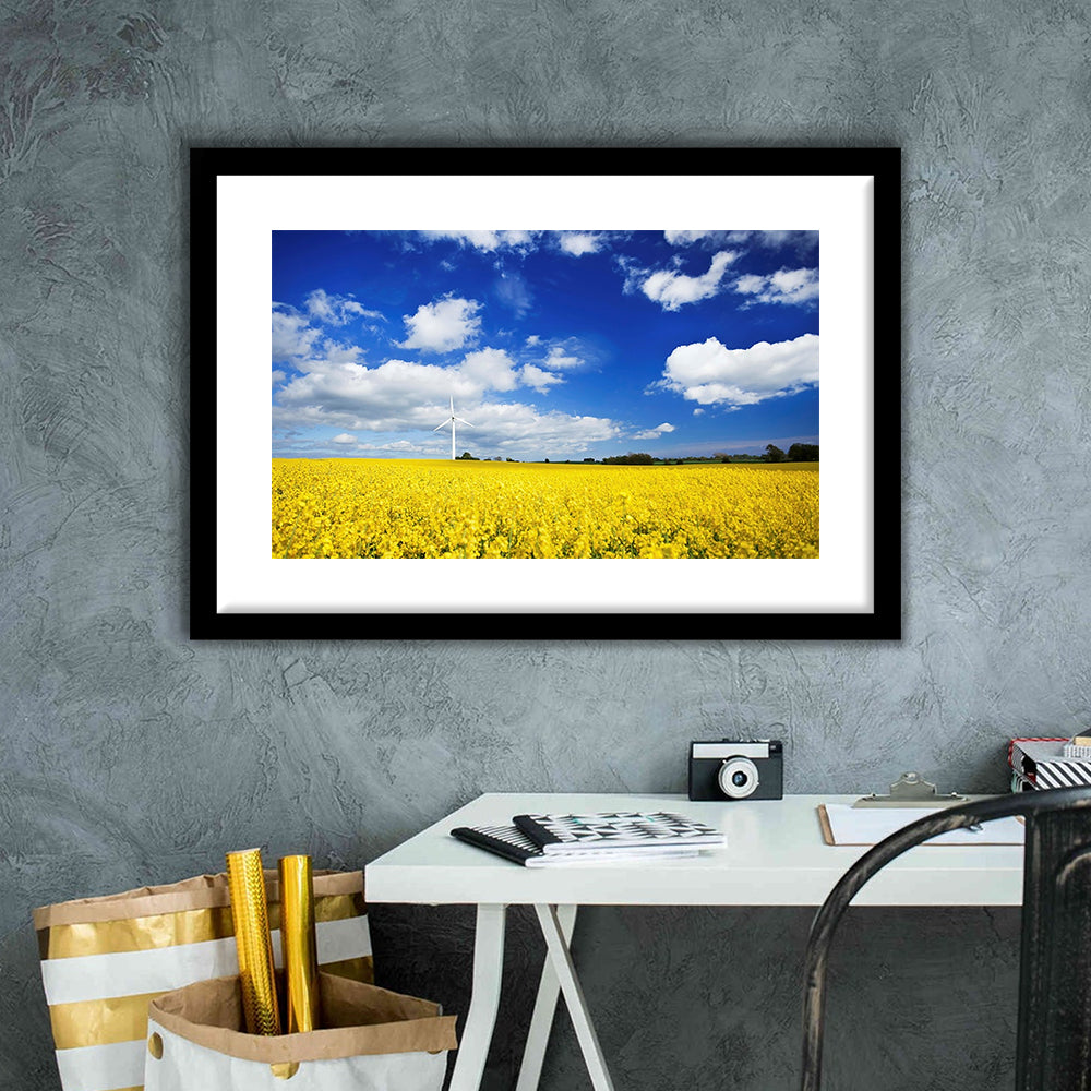 Wind Turbine In A Canola Field Against Cloudy Sky, Denmark Wall Art, Framed Art Print White Border