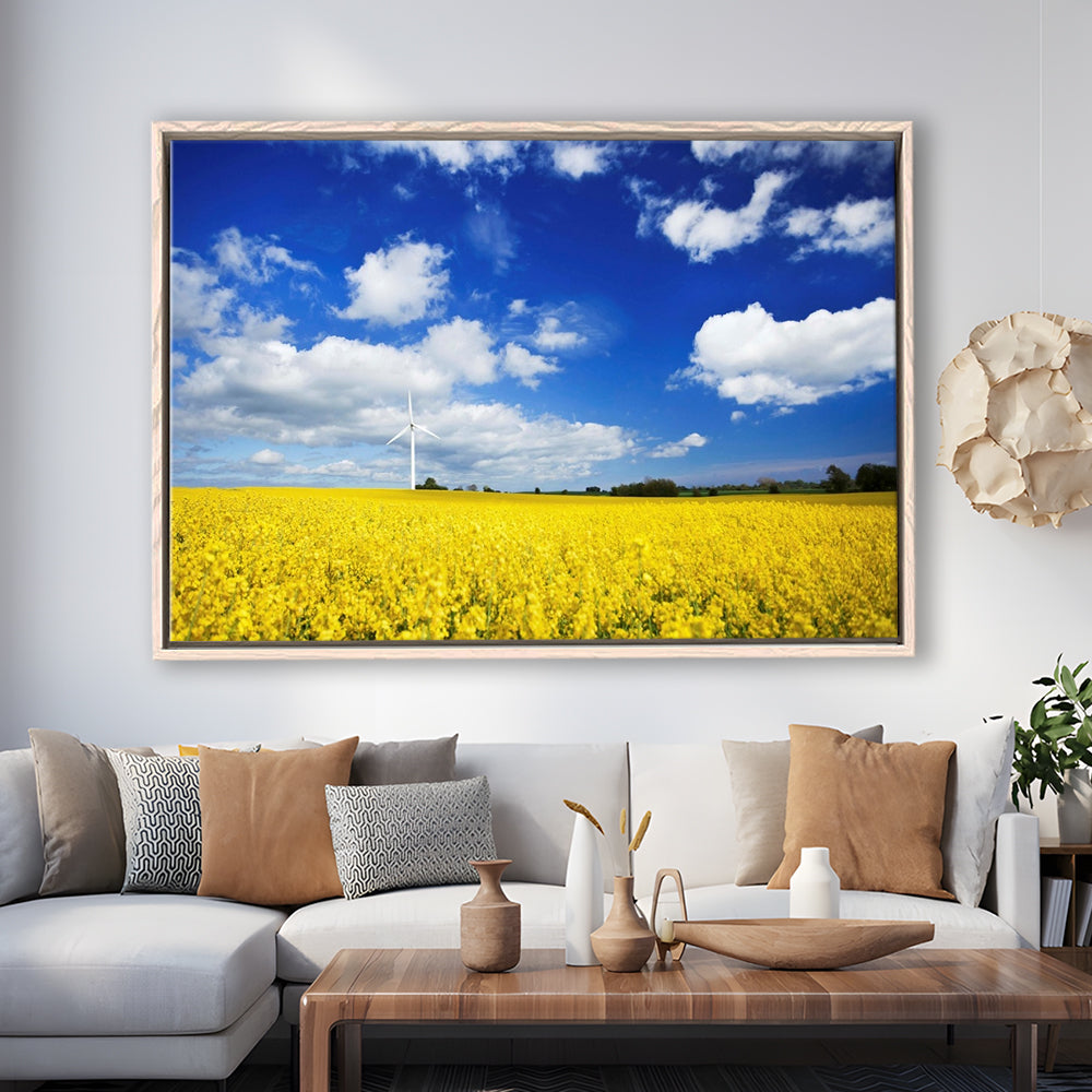 Wind Turbine In A Canola Field Against Cloudy Sky, Denmark Wall Art, Framed Cavas Print, Floating Frame