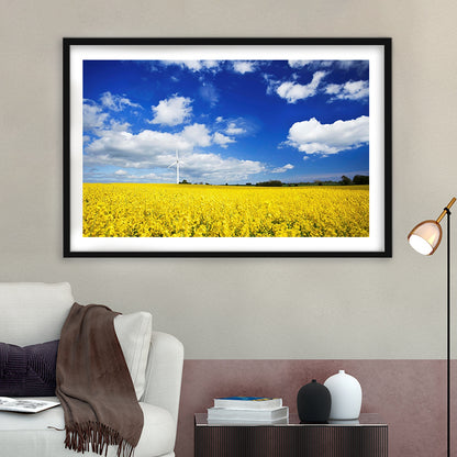 Wind Turbine In A Canola Field Against Cloudy Sky, Denmark Wall Art, Framed Art Print White Border