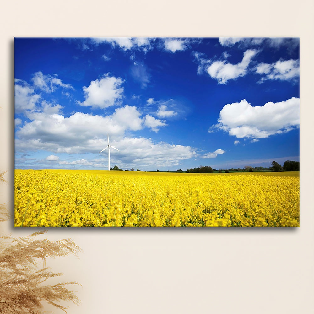 Wind turbine in a canola field against cloudy sky, Denmark Wall Art, Cavas Print Wall Art Hom Decor
