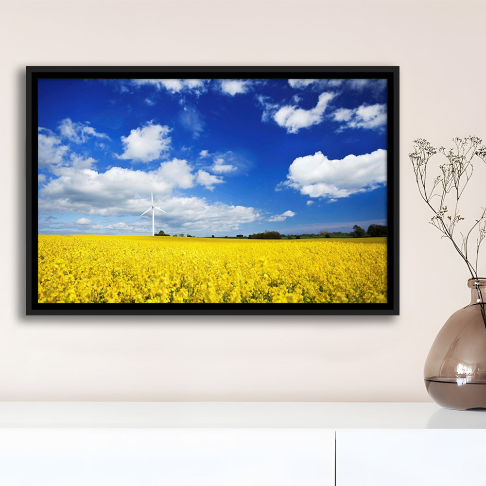 Wind Turbine In A Canola Field Against Cloudy Sky, Denmark Wall Art, Framed Cavas Print, Floating Frame