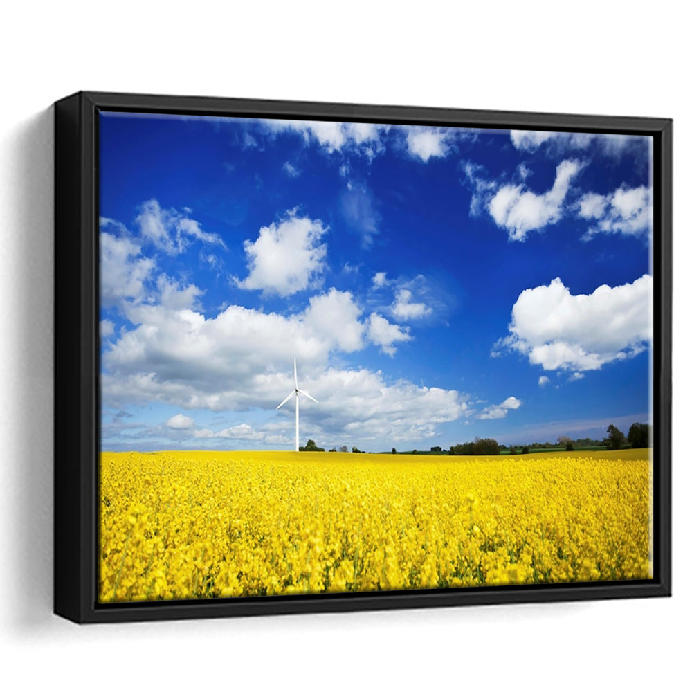 Wind Turbine In A Canola Field Against Cloudy Sky, Denmark Wall Art, Framed Cavas Print, Floating Frame