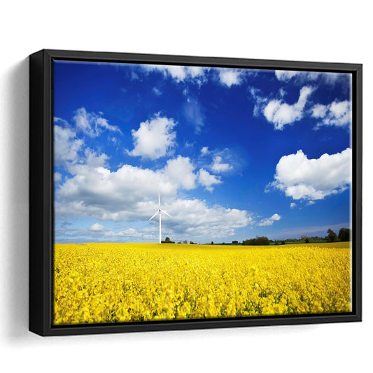 Wind Turbine In A Canola Field Against Cloudy Sky, Denmark Wall Art, Framed Cavas Print, Floating Frame
