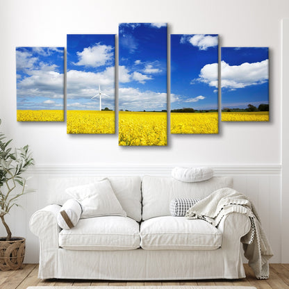 Wind turbine in a canola field against cloudy sky, Denmark Wall Art, 5 Piece Large Cavas Print Wall Art
