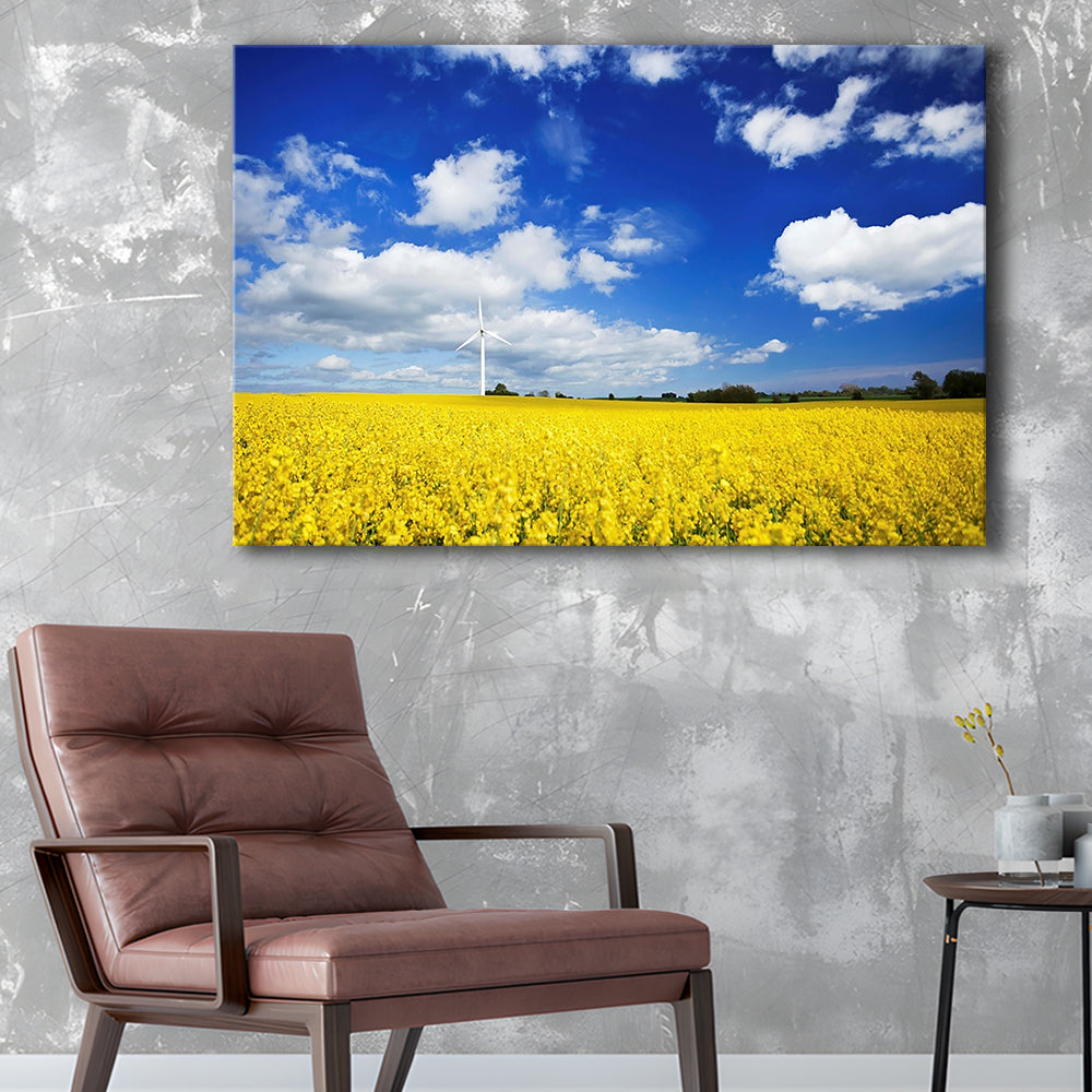 Wind turbine in a canola field against cloudy sky, Denmark Wall Art, Cavas Print Wall Art Hom Decor