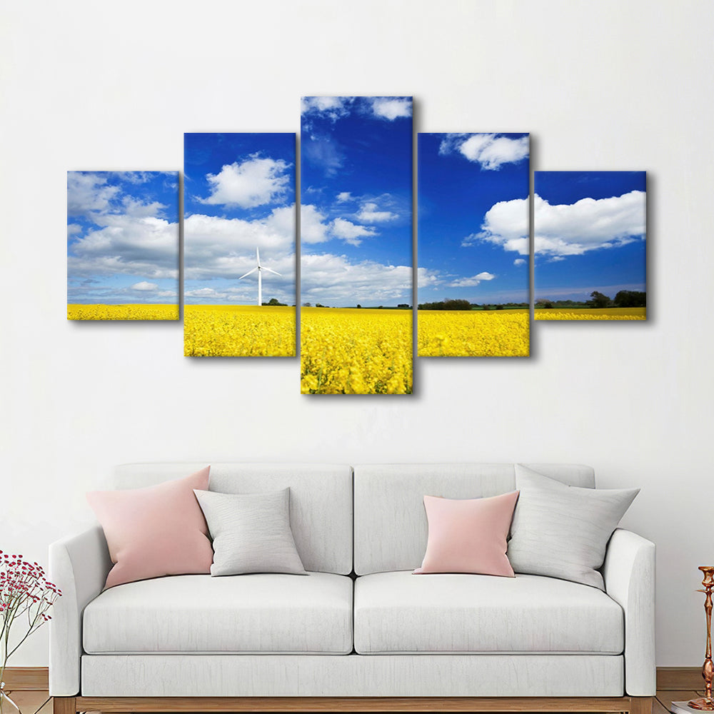 Wind turbine in a canola field against cloudy sky, Denmark Wall Art, 5 Piece Large Cavas Print Wall Art