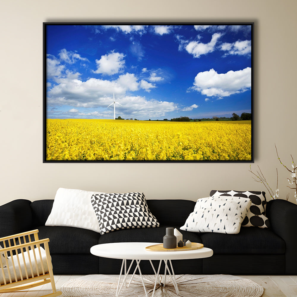 Wind Turbine In A Canola Field Against Cloudy Sky, Denmark Wall Art, Framed Cavas Print, Floating Frame