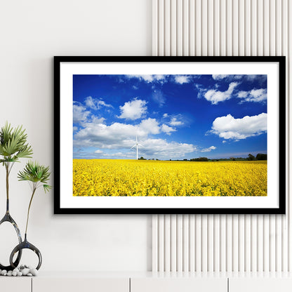 Wind Turbine In A Canola Field Against Cloudy Sky, Denmark Wall Art, Framed Art Print White Border