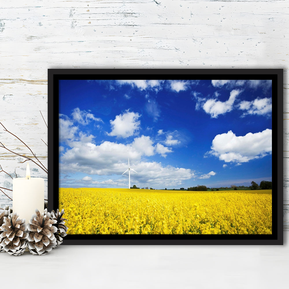 Wind Turbine In A Canola Field Against Cloudy Sky, Denmark Wall Art, Framed Cavas Print, Floating Frame