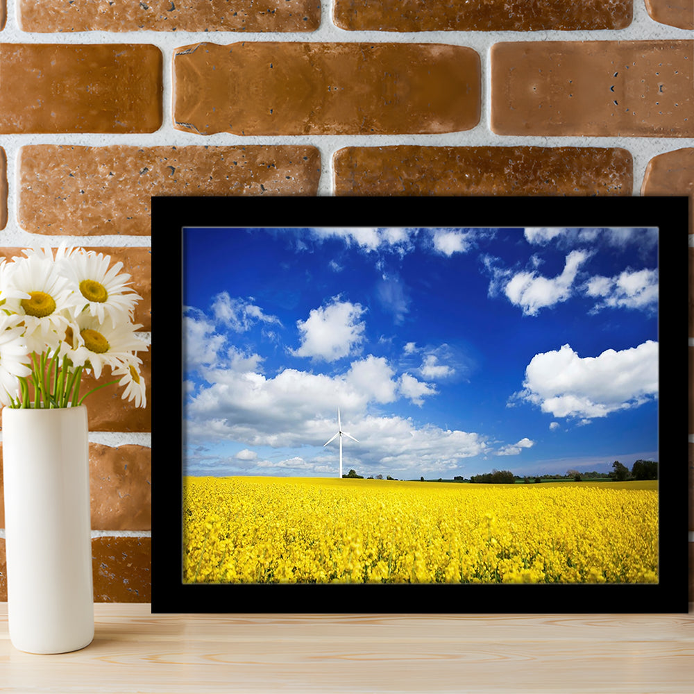 Wind Turbine In A Canola Field Against Cloudy Sky, Denmark Wall Art, Framed Art Print, Picture Framed
