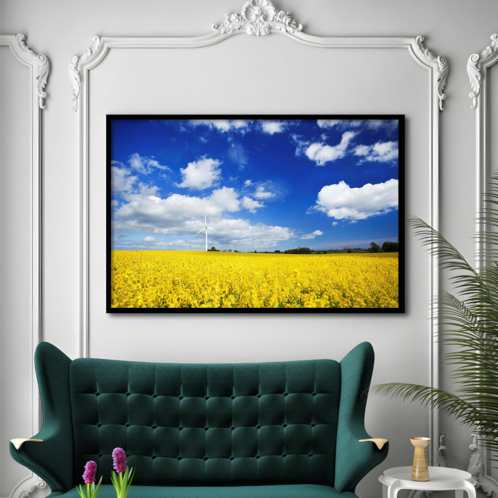Wind Turbine In A Canola Field Against Cloudy Sky, Denmark Wall Art, Framed Art Print, Picture Framed
