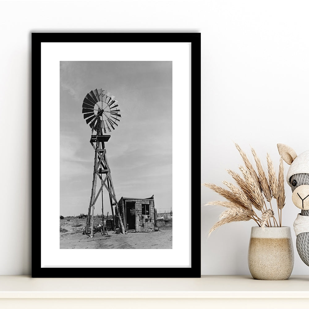 Windmill on Colorado Farm Black and White Art Desert Photography, Framed Art Print White Border Wall Decor