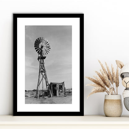 Windmill on Colorado Farm Black and White Art Desert Photography, Framed Art Print White Border Wall Decor