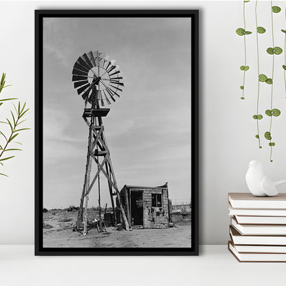 Windmill on Colorado Farm Black and White Art Desert Photography, Floating Framed Canvas Print