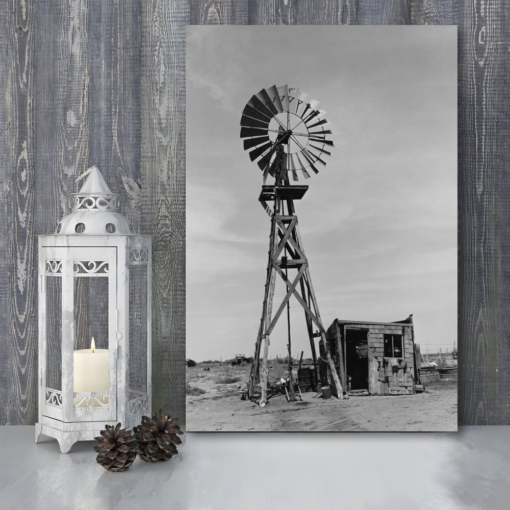 Windmill on Colorado Farm Black and White Art Desert Photography, Canvas Print Wall Art