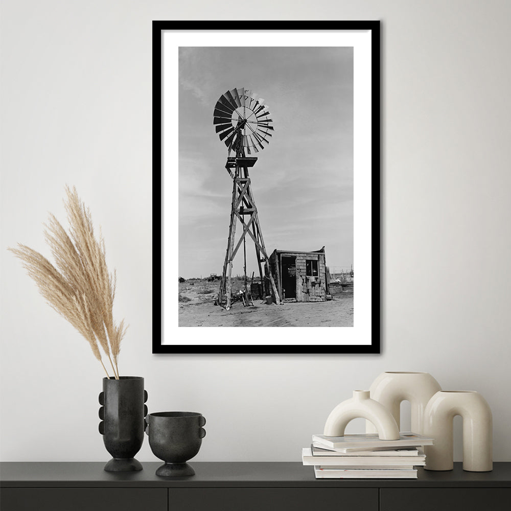 Windmill on Colorado Farm Black and White Art Desert Photography, Framed Art Print White Border Wall Decor