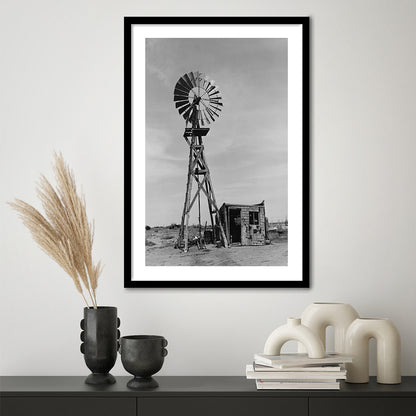Windmill on Colorado Farm Black and White Art Desert Photography, Framed Art Print White Border Wall Decor