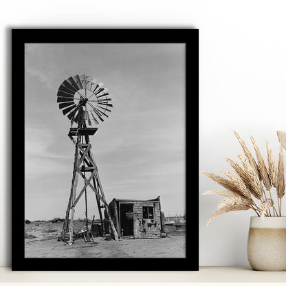Windmill on Colorado Farm Black and White Art Desert Photography, Framed Art Print Wall Decor