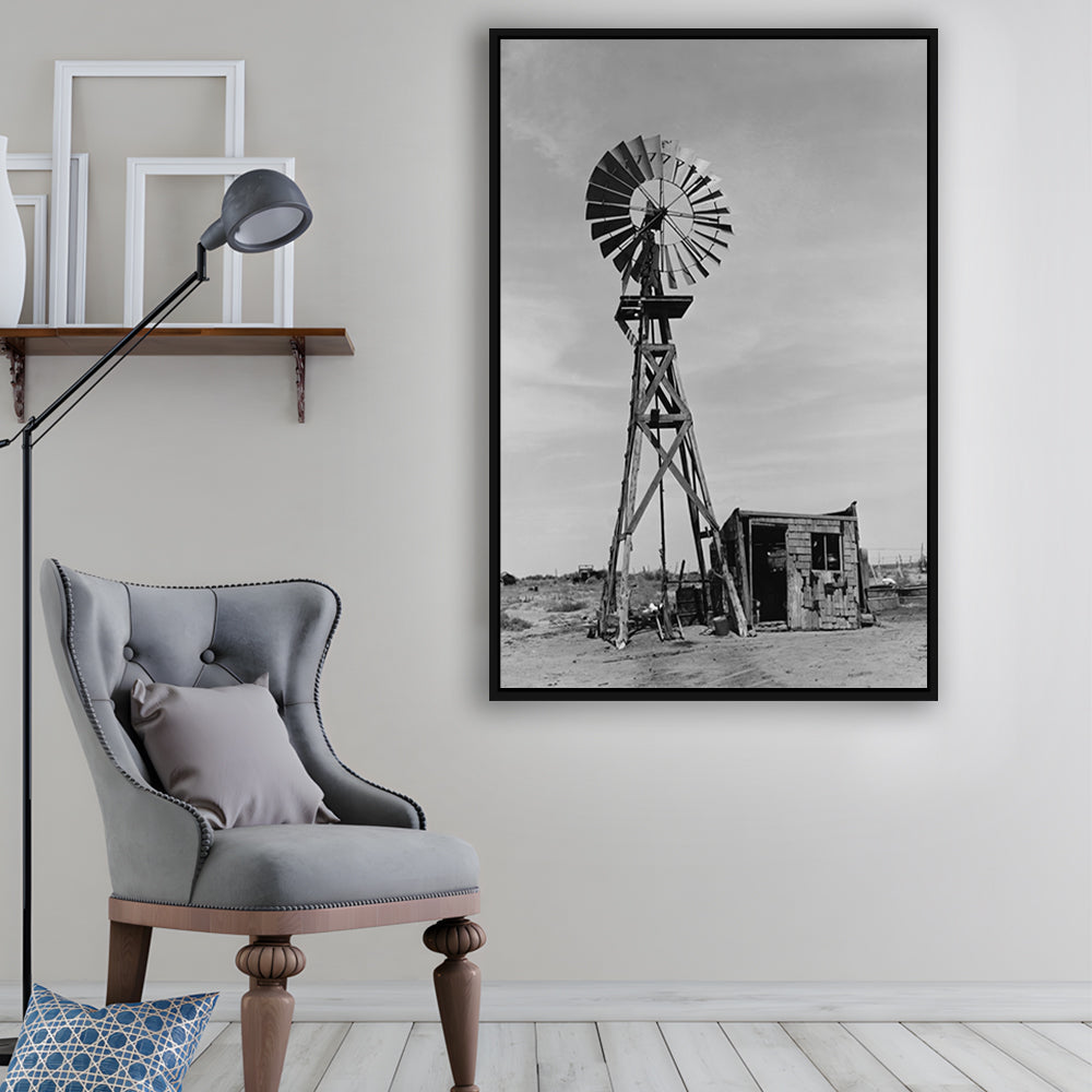 Windmill on Colorado Farm Black and White Art Desert Photography, Floating Framed Canvas Print